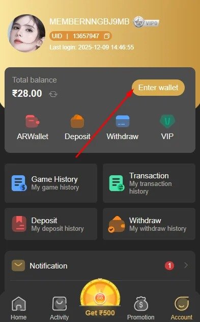 Open the BDG Win wallet